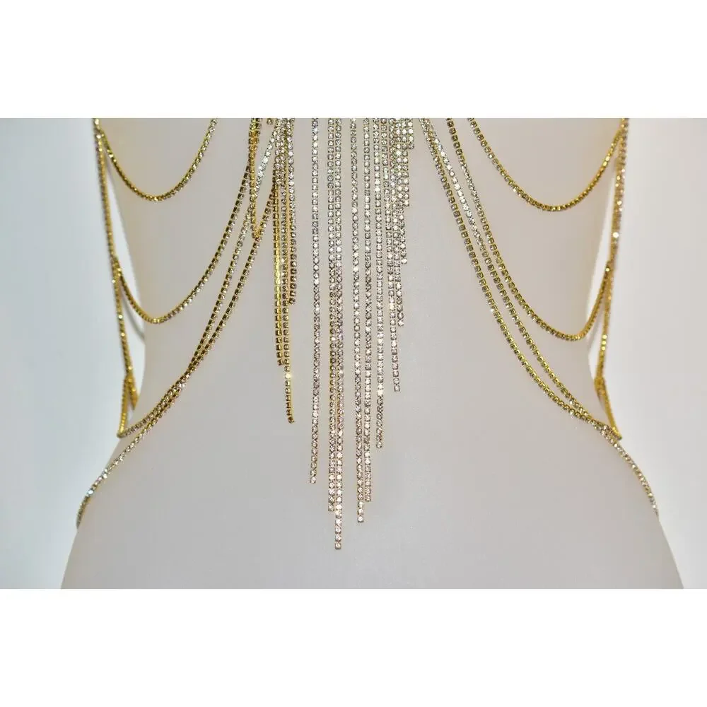 Vintage Body Necklace Top Wrap Rhinestone Crystal Gold Tone Fringe Chain Belt